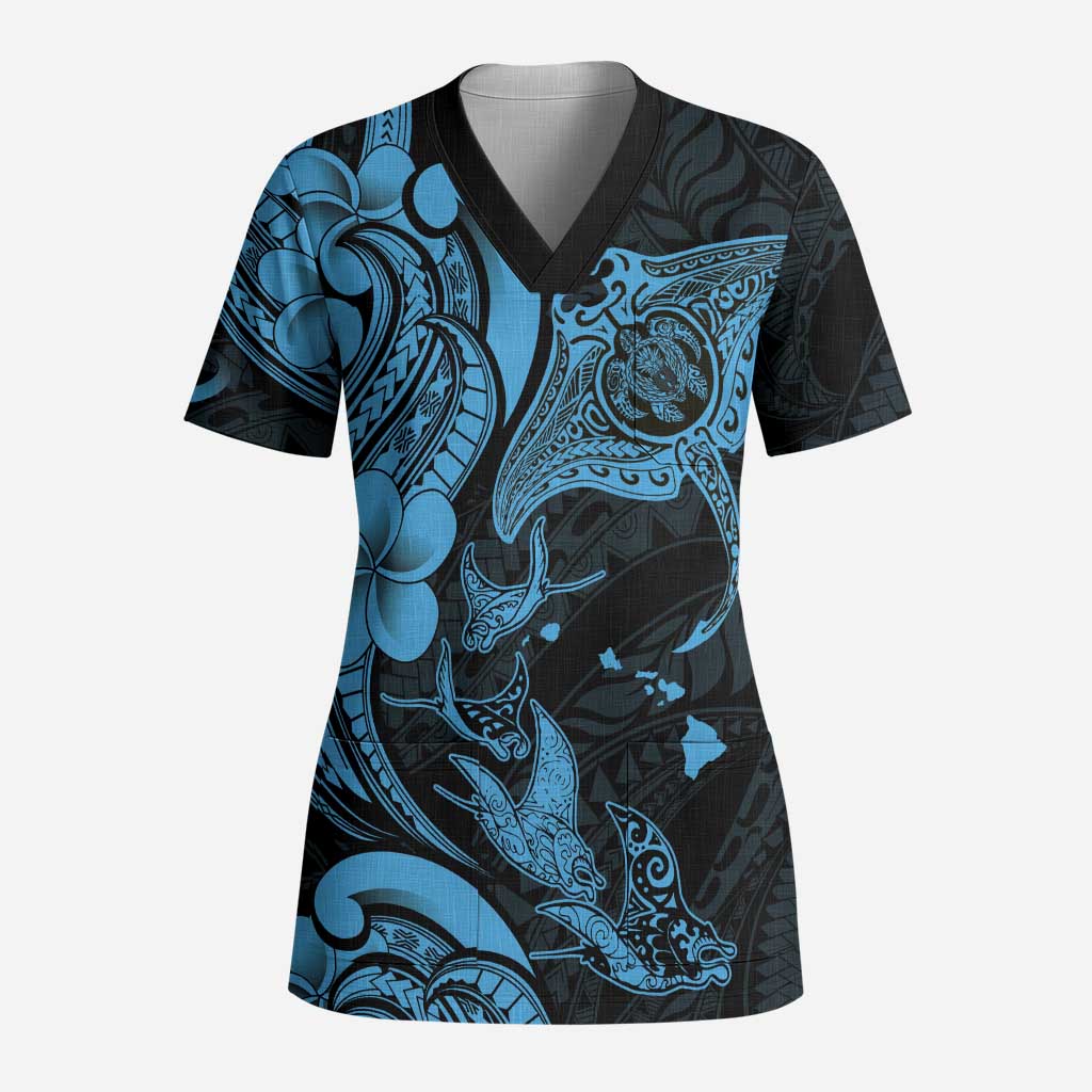 Hawaiian Manta Rays Scrub Top Tribal Hibiscus Polynesian Tattoos Blue Color - Polynesian Pride