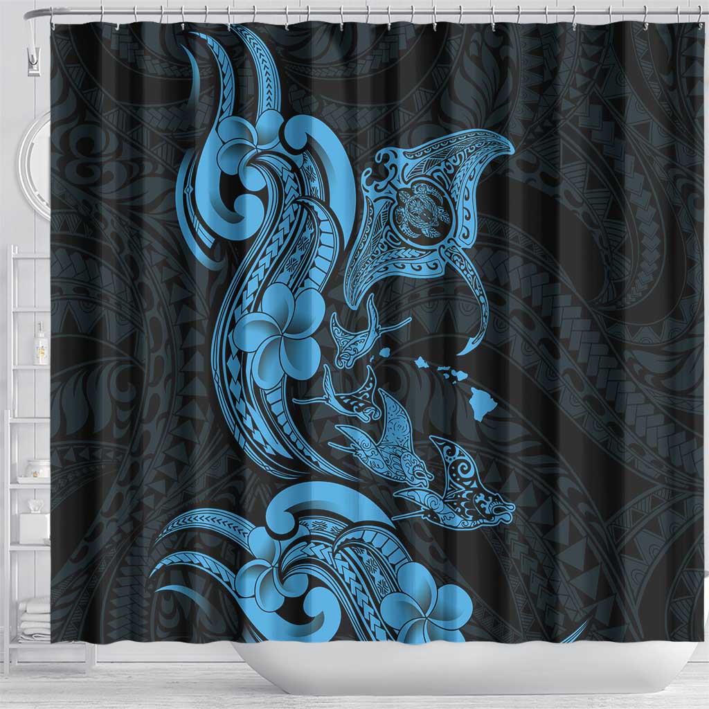 Hawaiian Manta Rays Shower Curtain Tribal Hibiscus Polynesian Tattoos Blue Color - Polynesian Pride