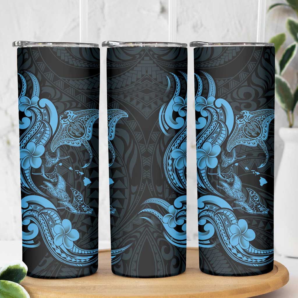 Hawaiian Manta Rays Skinny Tumbler Tribal Hibiscus Polynesian Tattoos Blue Color - Polynesian Pride