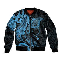 Hawaiian Manta Rays Sleeve Zip Bomber Jacket Tribal Hibiscus Polynesian Tattoos Blue Color - Polynesian Pride