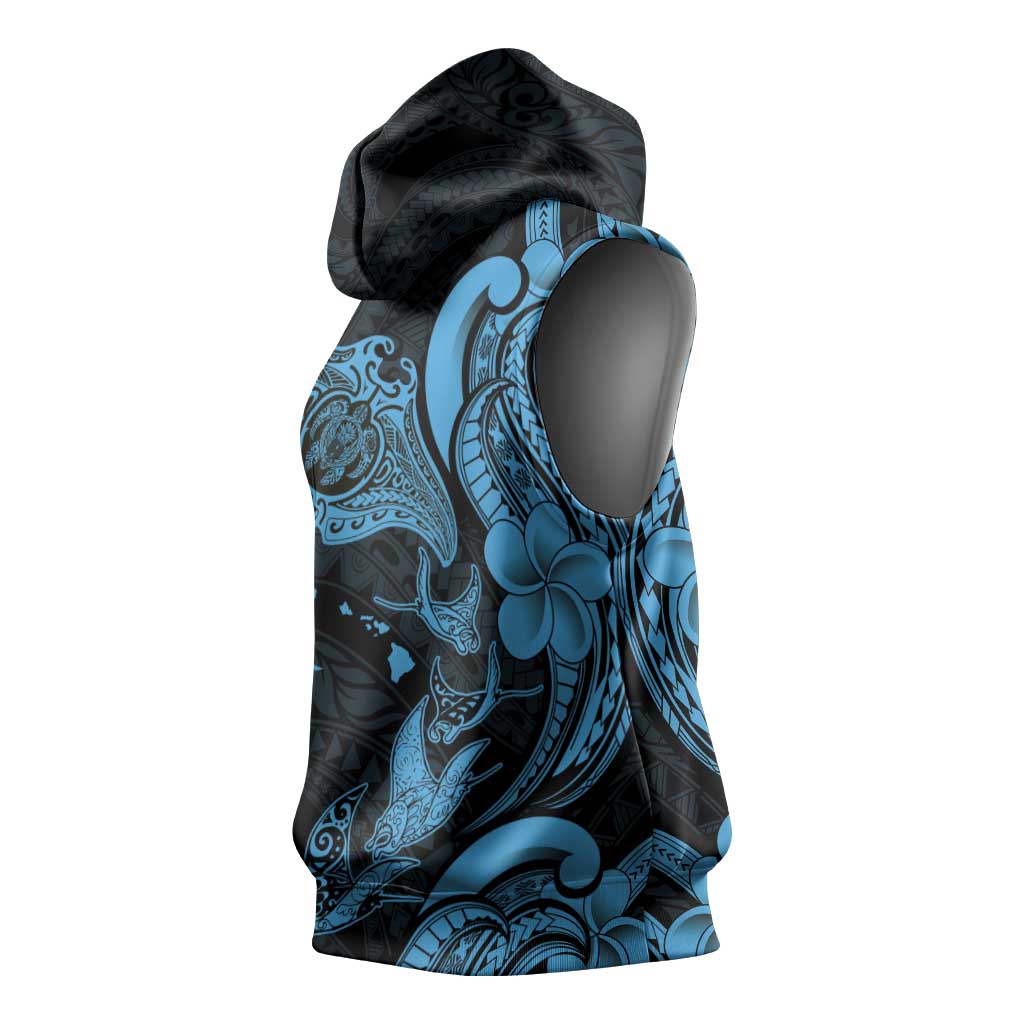 Hawaiian Manta Rays Sleeveless Hoodie Tribal Hibiscus Polynesian Tattoos Blue Color - Polynesian Pride