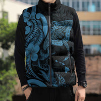 Hawaiian Manta Rays Sleeveless Puffer Jacket Tribal Hibiscus Polynesian Tattoos Blue Color - Polynesian Pride