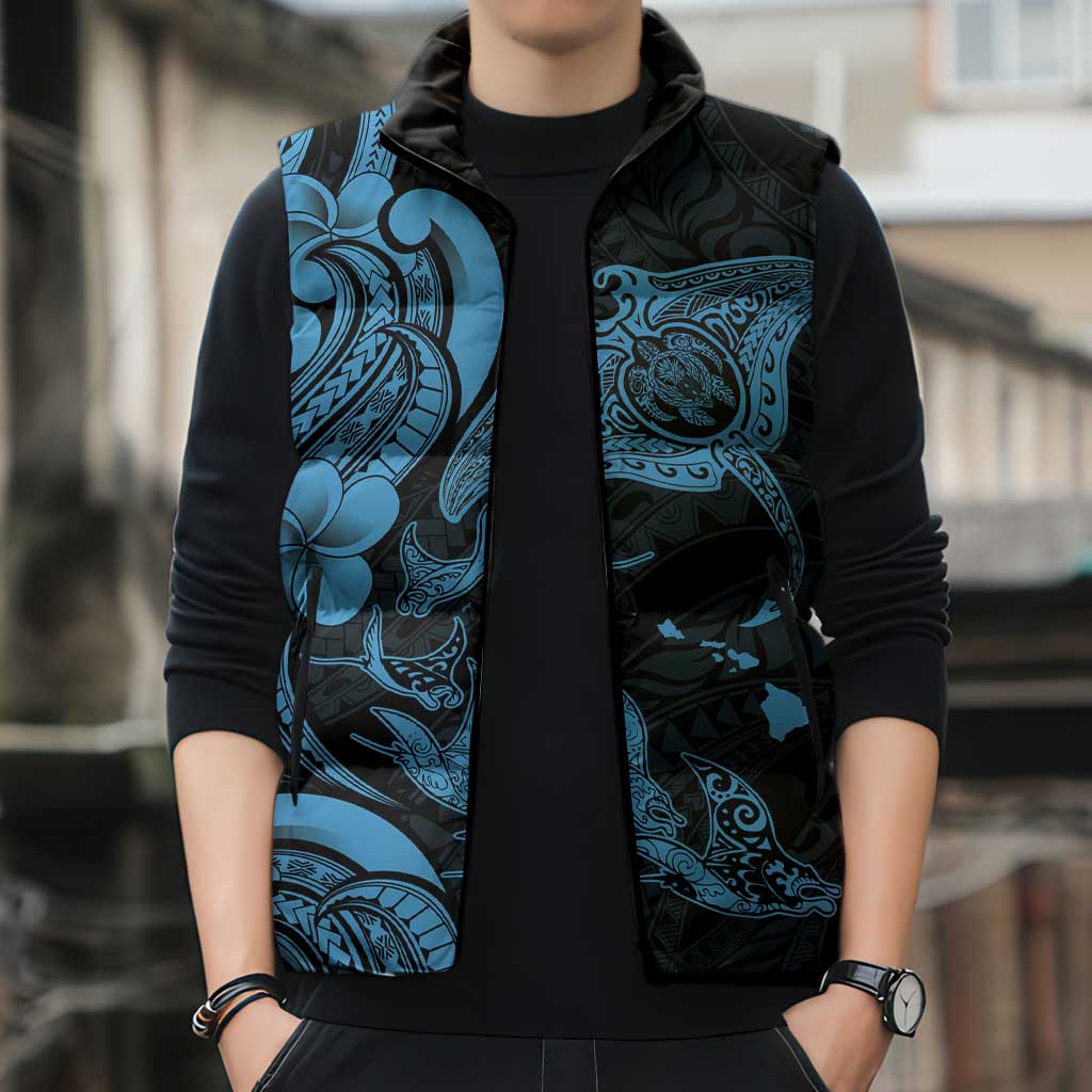 Hawaiian Manta Rays Sleeveless Puffer Jacket Tribal Hibiscus Polynesian Tattoos Blue Color - Polynesian Pride