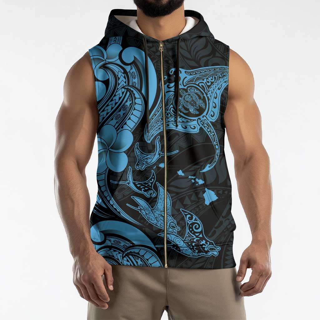 Hawaiian Manta Rays Sleeveless Zip Hoodie Tribal Hibiscus Polynesian Tattoos Blue Color - Polynesian Pride