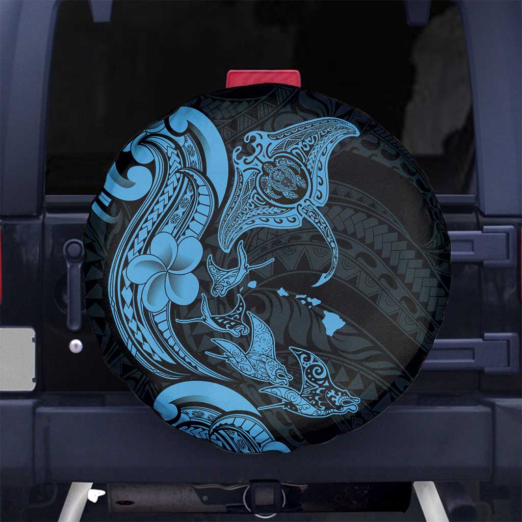 Hawaiian Manta Rays Spare Tire Cover Tribal Hibiscus Polynesian Tattoos Blue Color - Polynesian Pride
