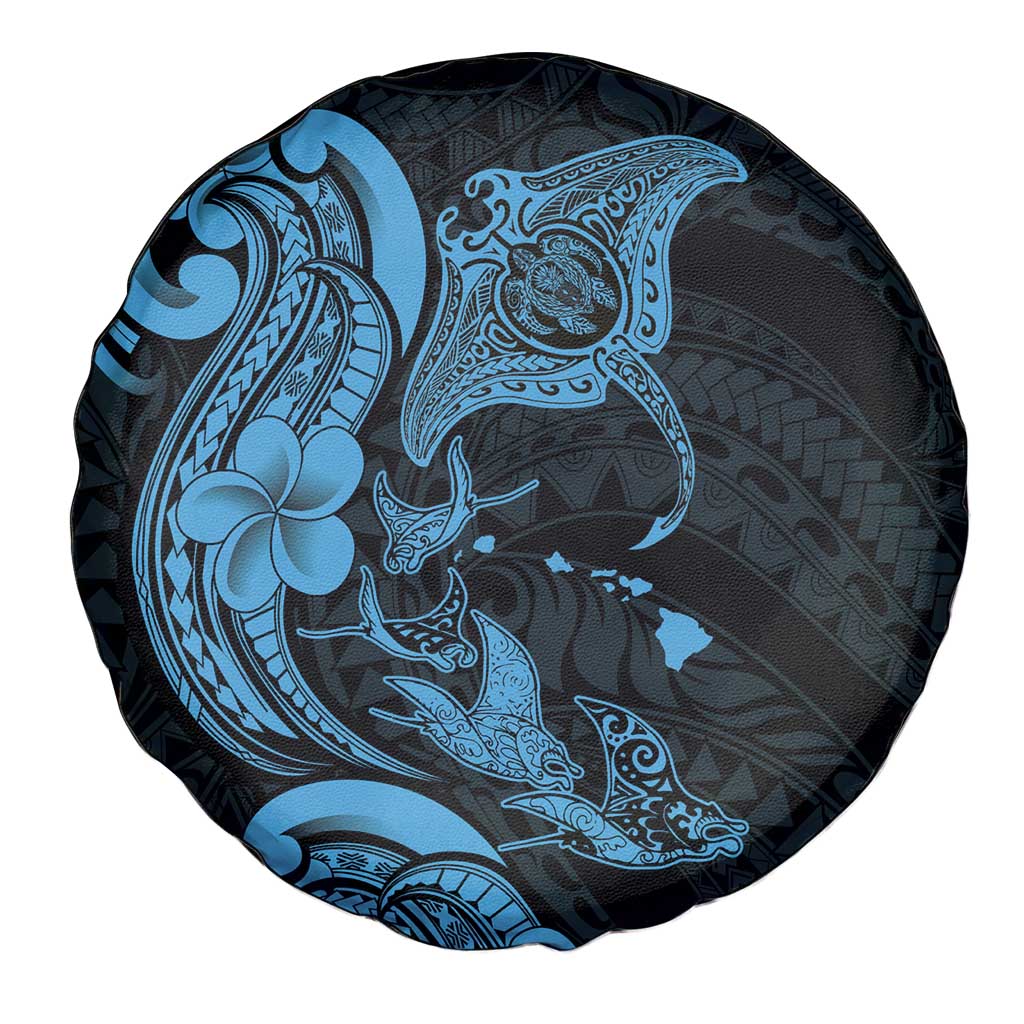 Hawaiian Manta Rays Spare Tire Cover Tribal Hibiscus Polynesian Tattoos Blue Color - Polynesian Pride
