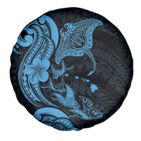 Hawaiian Manta Rays Spare Tire Cover Tribal Hibiscus Polynesian Tattoos Blue Color - Polynesian Pride