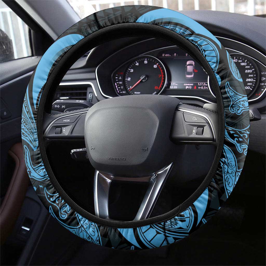 Hawaiian Manta Rays Steering Wheel Cover Tribal Hibiscus Polynesian Tattoos Blue Color - Polynesian Pride