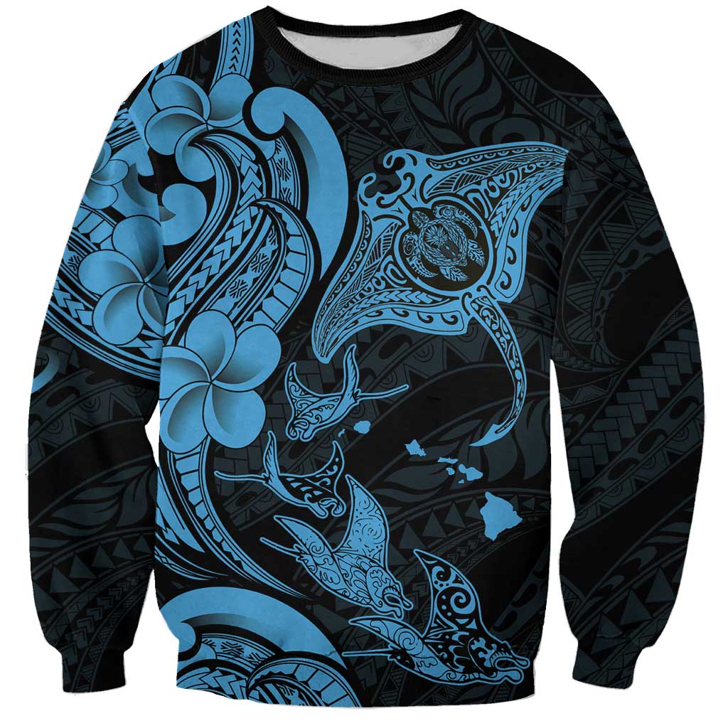 Hawaiian Manta Rays Sweatshirt Tribal Hibiscus Polynesian Tattoos Blue Color - Polynesian Pride