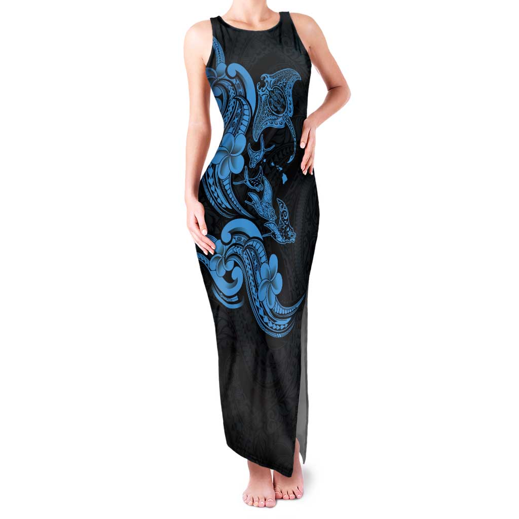 Hawaiian Manta Rays Tank Maxi Dress Tribal Hibiscus Polynesian Tattoos Blue Color - Polynesian Pride