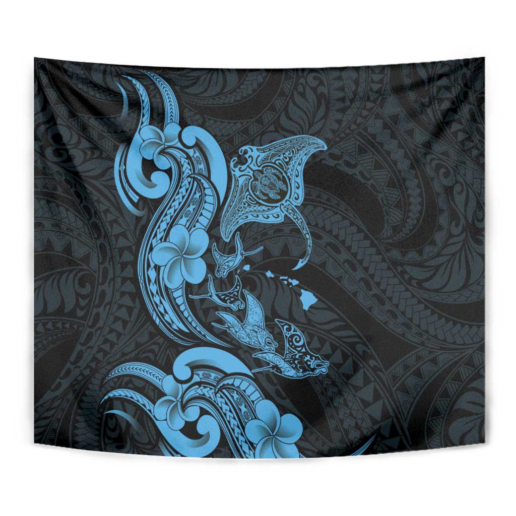 Hawaiian Manta Rays Tapestry Tribal Hibiscus Polynesian Tattoos Blue Color - Polynesian Pride