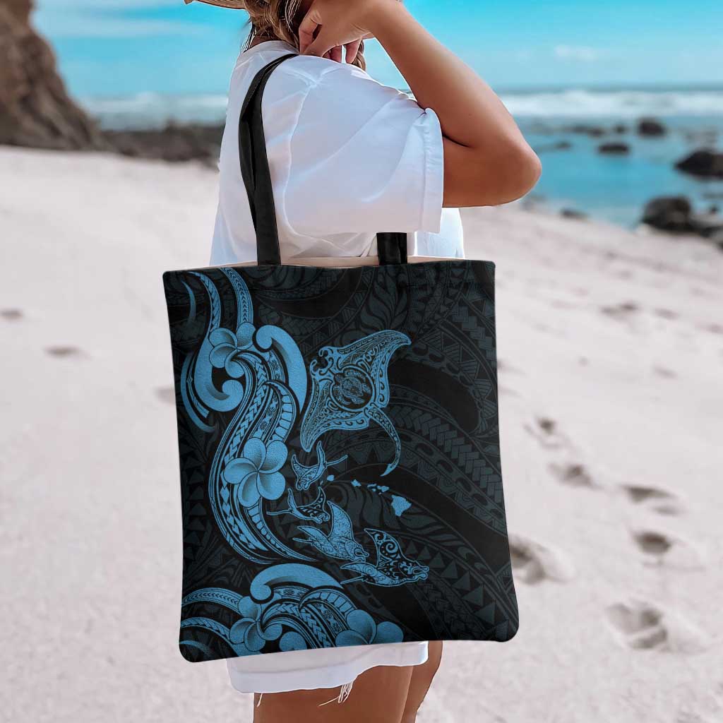 Hawaiian Manta Rays Tote Bag Tribal Hibiscus Polynesian Tattoos Blue Color - Polynesian Pride