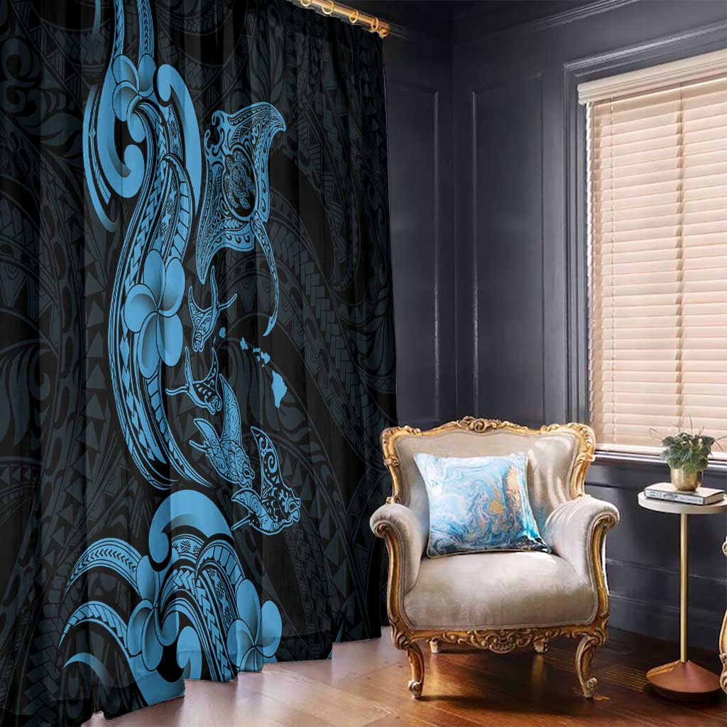 Hawaiian Manta Rays Window Curtain Tribal Hibiscus Polynesian Tattoos Blue Color - Polynesian Pride
