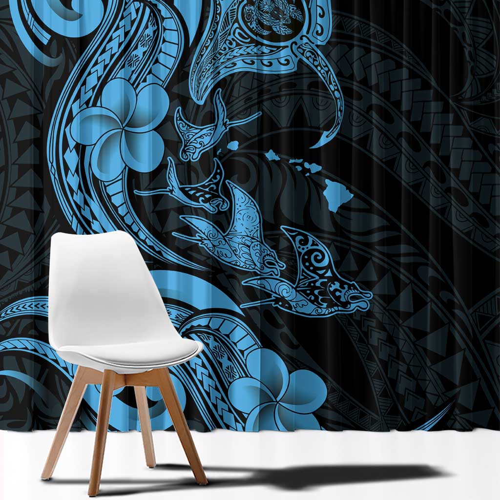 Hawaiian Manta Rays Window Curtain Tribal Hibiscus Polynesian Tattoos Blue Color - Polynesian Pride