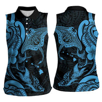 Hawaiian Manta Rays Women Sleeveless Polo Shirt Tribal Hibiscus Polynesian Tattoos Blue Color - Polynesian Pride