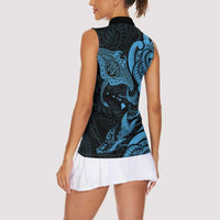Hawaiian Manta Rays Women Sleeveless Polo Shirt Tribal Hibiscus Polynesian Tattoos Blue Color - Polynesian Pride