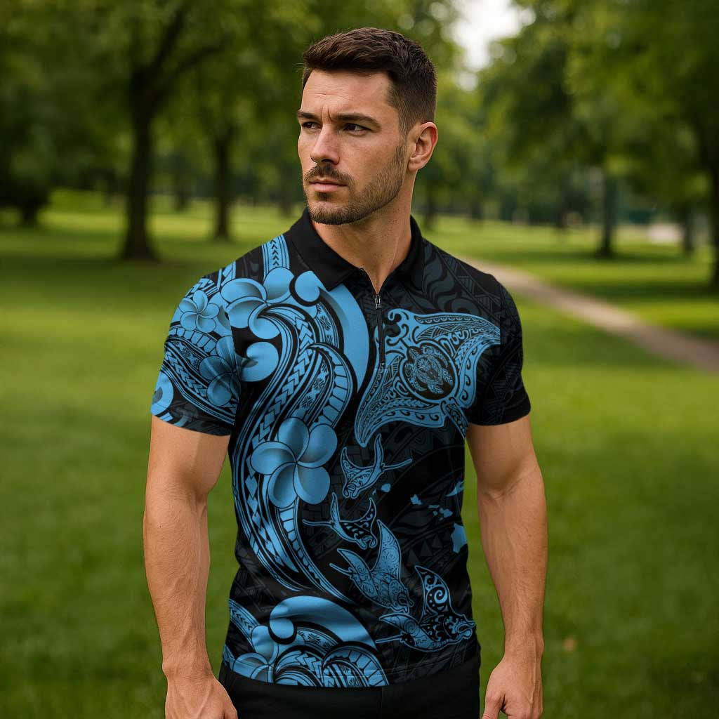 Hawaiian Manta Rays Zipper Polo Shirt Tribal Hibiscus Polynesian Tattoos Blue Color - Polynesian Pride