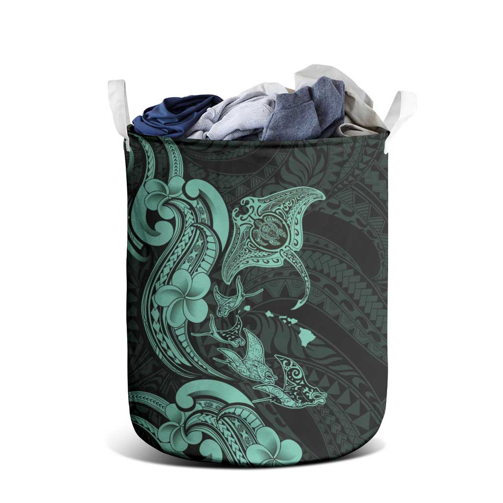 Hawaiian Manta Rays Laundry Basket Tribal Hibiscus Polynesian Tattoos Turquoise Color - Polynesian Pride
