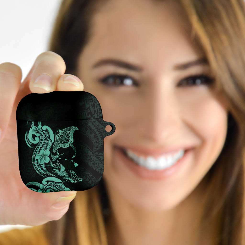 Hawaiian Manta Rays AirPods Case Tribal Hibiscus Polynesian Tattoos Turquoise Color - Polynesian Pride