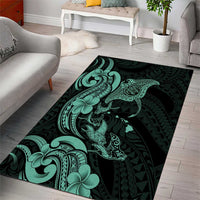 Hawaiian Manta Rays Area Rug Tribal Hibiscus Polynesian Tattoos Turquoise Color - Polynesian Pride
