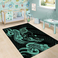 Hawaiian Manta Rays Area Rug Tribal Hibiscus Polynesian Tattoos Turquoise Color - Polynesian Pride