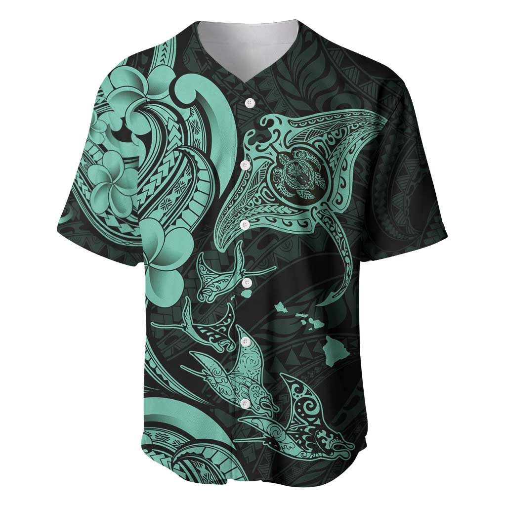 Hawaiian Manta Rays Baseball Jersey Tribal Hibiscus Polynesian Tattoos Turquoise Color - Polynesian Pride