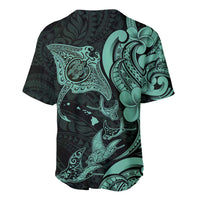 Hawaiian Manta Rays Baseball Jersey Tribal Hibiscus Polynesian Tattoos Turquoise Color - Polynesian Pride