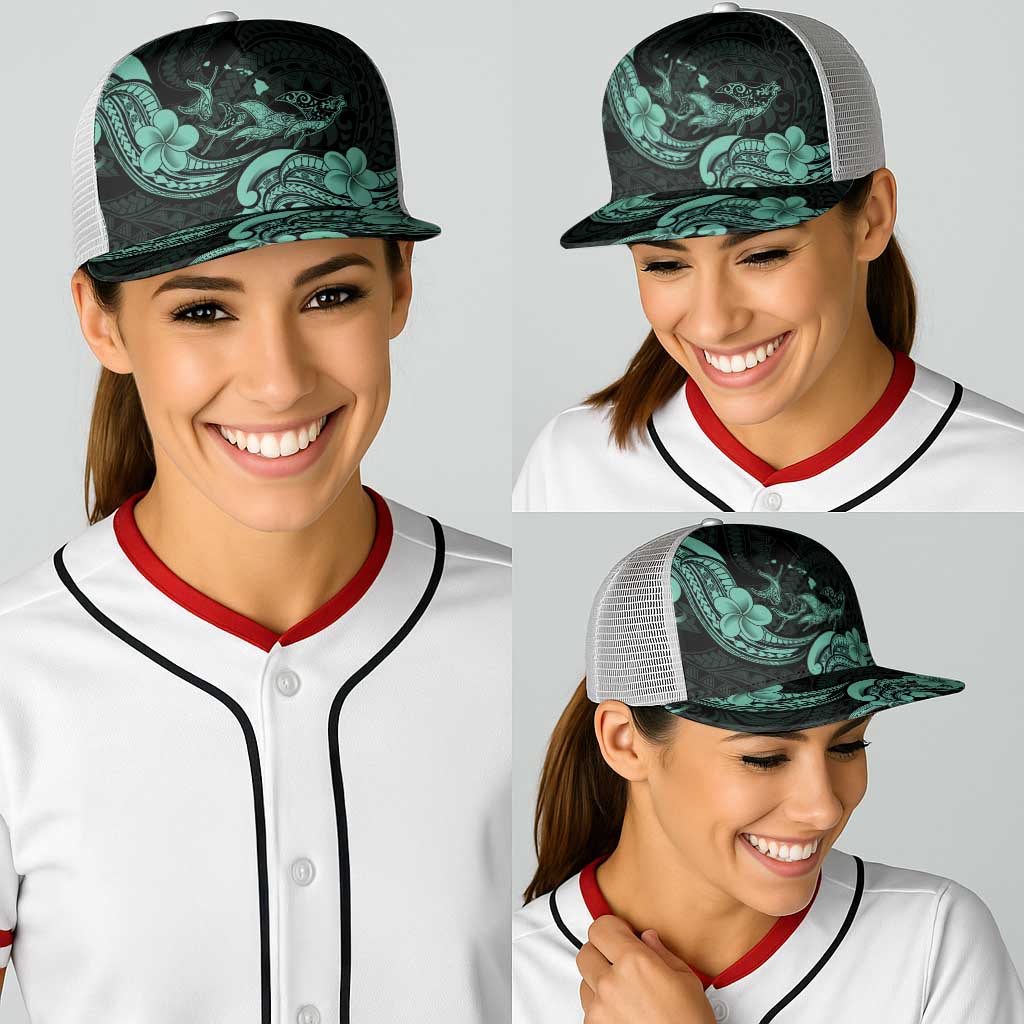Hawaiian Manta Rays Baseball Net Cap Tribal Hibiscus Polynesian Tattoos Turquoise Color - Polynesian Pride