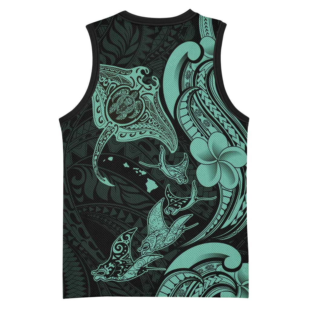 Hawaiian Manta Rays Basketball Jersey Tribal Hibiscus Polynesian Tattoos Turquoise Color - Polynesian Pride