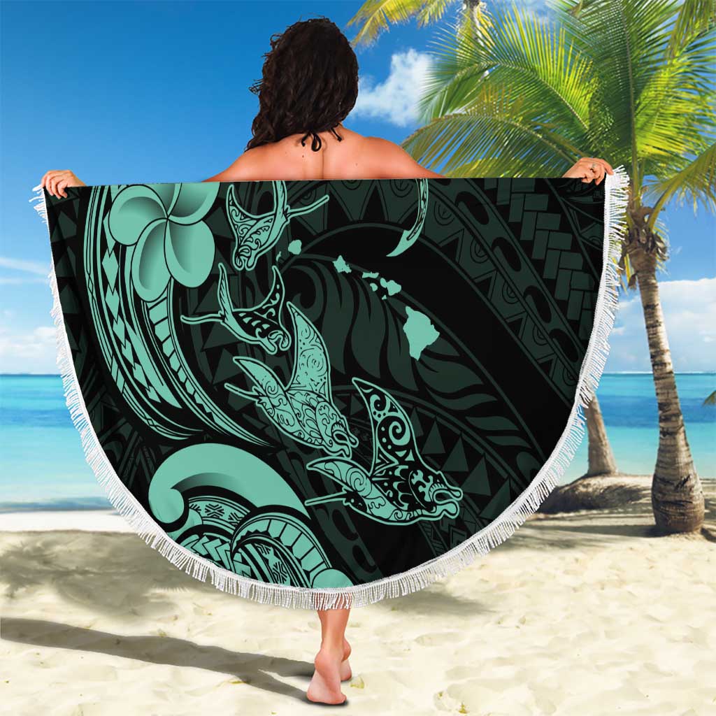 Hawaiian Manta Rays Beach Blanket Tribal Hibiscus Polynesian Tattoos Turquoise Color - Polynesian Pride