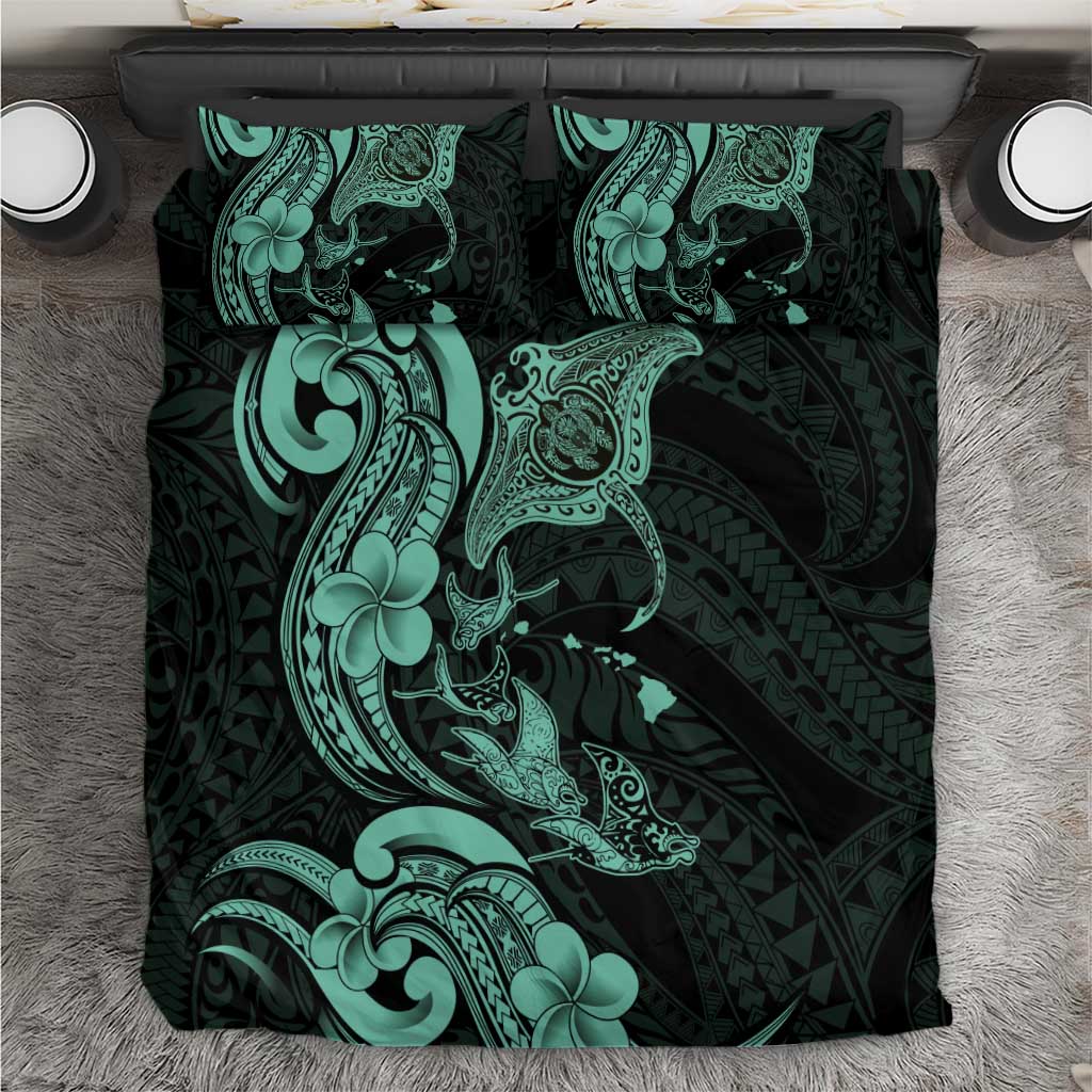 Hawaiian Manta Rays Bedding Set Tribal Hibiscus Polynesian Tattoos Turquoise Color - Polynesian Pride