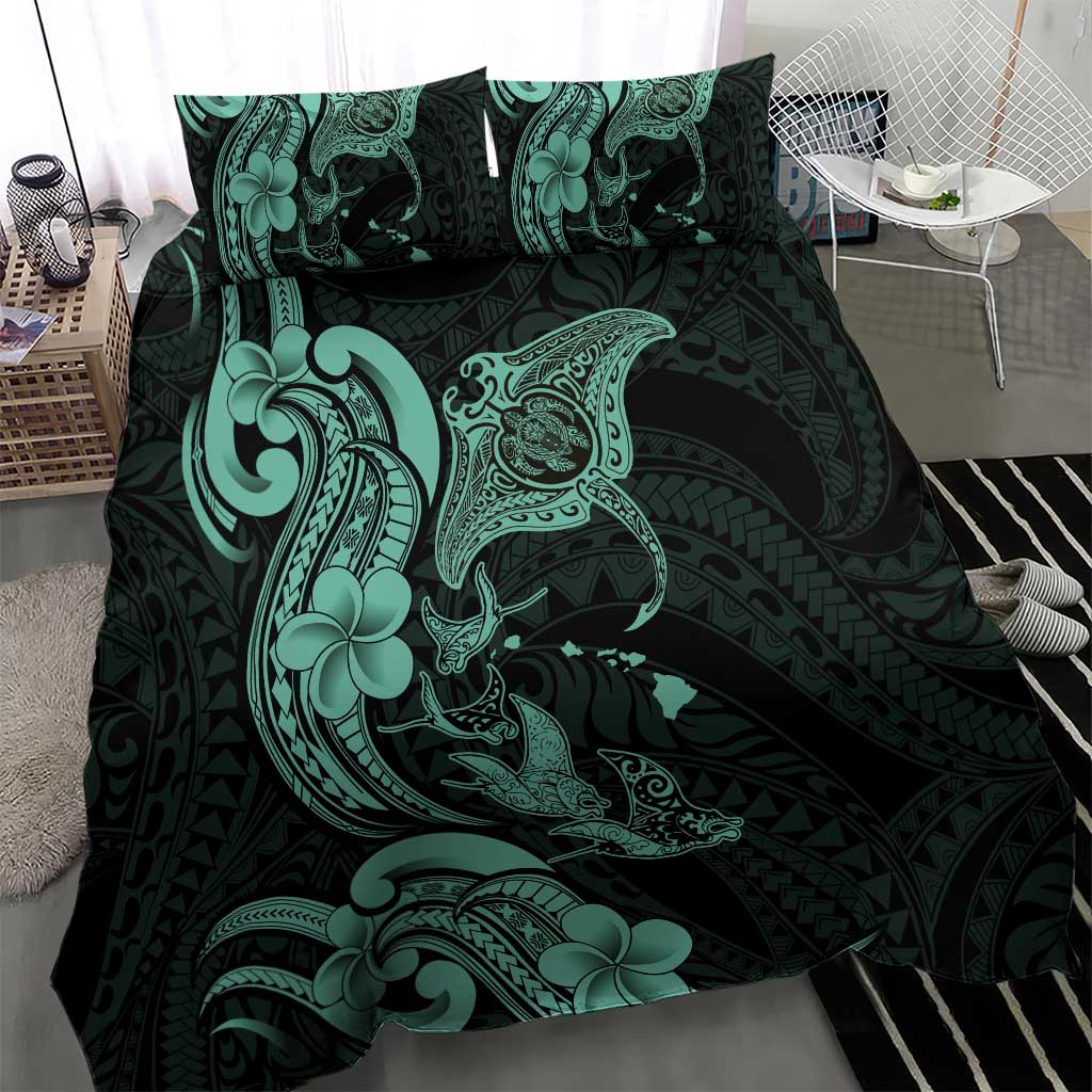 Hawaiian Manta Rays Bedding Set Tribal Hibiscus Polynesian Tattoos Turquoise Color - Polynesian Pride