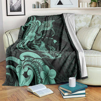 Hawaiian Manta Rays Blanket Tribal Hibiscus Polynesian Tattoos Turquoise Color - Polynesian Pride