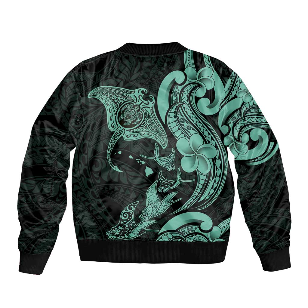 Hawaiian Manta Rays Bomber Jacket Tribal Hibiscus Polynesian Tattoos Turquoise Color - Polynesian Pride