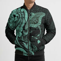 Hawaiian Manta Rays Bomber Puffer Jacket Tribal Hibiscus Polynesian Tattoos Turquoise Color - Polynesian Pride
