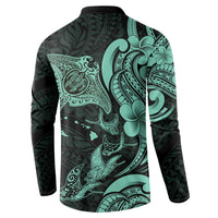 Hawaiian Manta Rays Button Sweatshirt Tribal Hibiscus Polynesian Tattoos Turquoise Color - Polynesian Pride