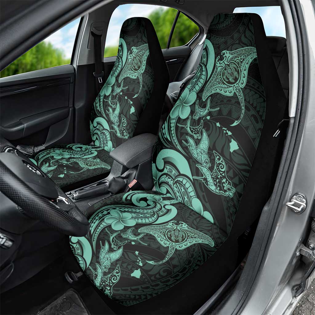 Hawaiian Manta Rays Car Seat Cover Tribal Hibiscus Polynesian Tattoos Turquoise Color - Polynesian Pride