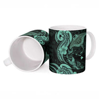 Hawaiian Manta Rays Ceramic Mug Tribal Hibiscus Polynesian Tattoos Turquoise Color - Polynesian Pride