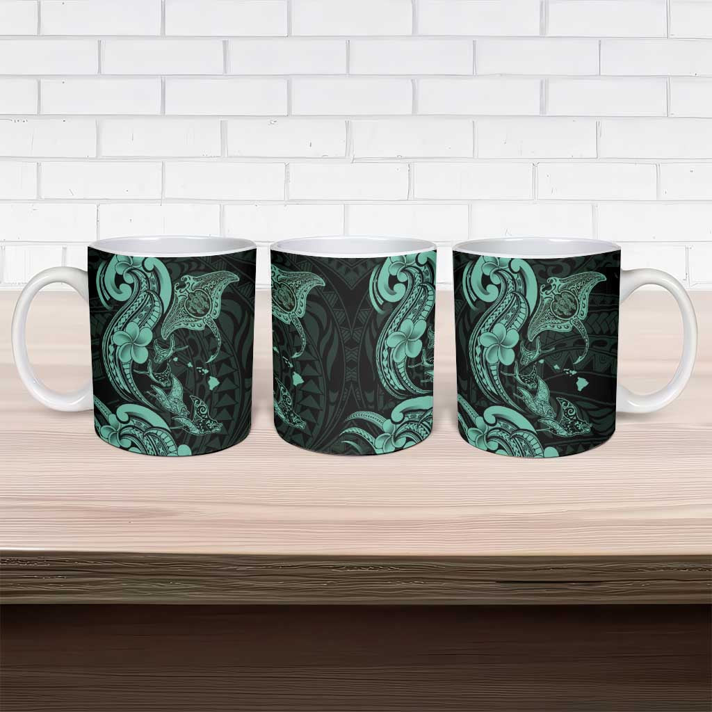 Hawaiian Manta Rays Ceramic Mug Tribal Hibiscus Polynesian Tattoos Turquoise Color - Polynesian Pride