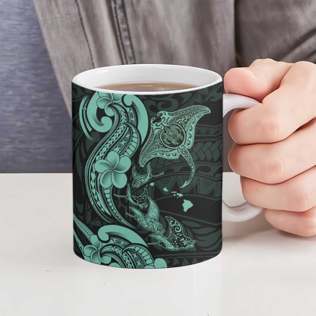 Hawaiian Manta Rays Ceramic Mug Tribal Hibiscus Polynesian Tattoos Turquoise Color - Polynesian Pride