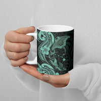 Hawaiian Manta Rays Ceramic Mug Tribal Hibiscus Polynesian Tattoos Turquoise Color - Polynesian Pride