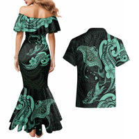 Hawaiian Manta Rays Couples Matching Mermaid Dress and Hawaiian Shirt Tribal Hibiscus Polynesian Tattoos Turquoise Color - Polynesian Pride