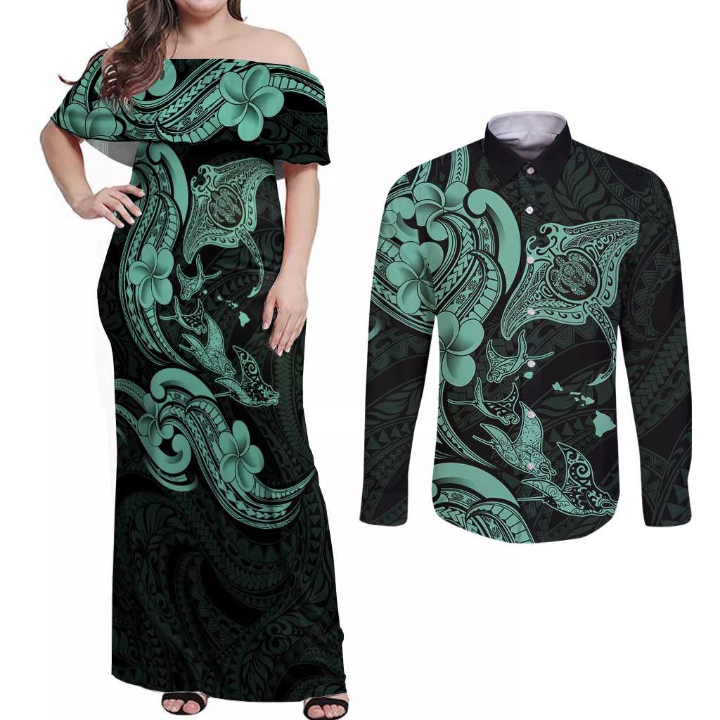 Hawaiian Manta Rays Couples Matching Off Shoulder Maxi Dress and Long Sleeve Button Shirt Tribal Hibiscus Polynesian Tattoos Turquoise Color - Polynesian Pride