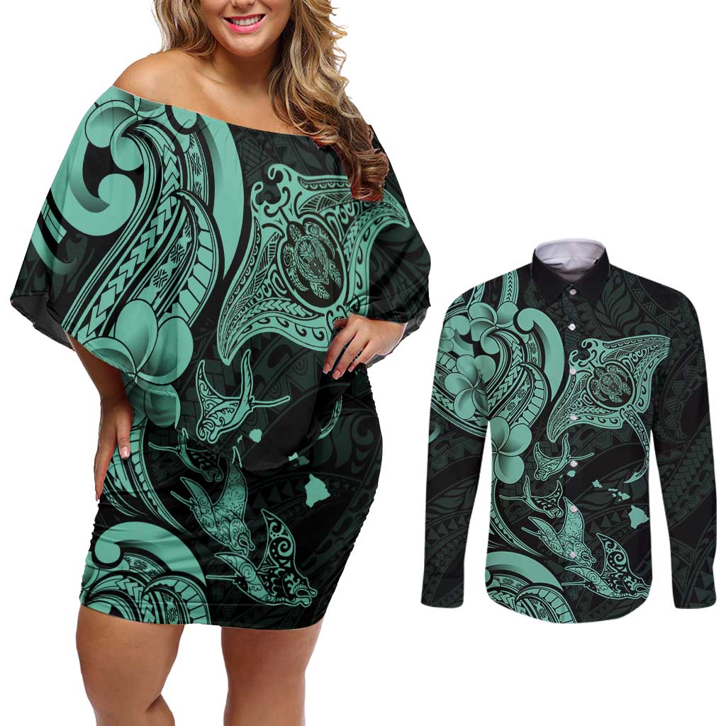 Hawaiian Manta Rays Couples Matching Off Shoulder Short Dress and Long Sleeve Button Shirt Tribal Hibiscus Polynesian Tattoos Turquoise Color - Polynesian Pride