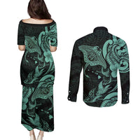 Hawaiian Manta Rays Couples Matching Puletasi and Long Sleeve Button Shirt Tribal Hibiscus Polynesian Tattoos Turquoise Color - Polynesian Pride