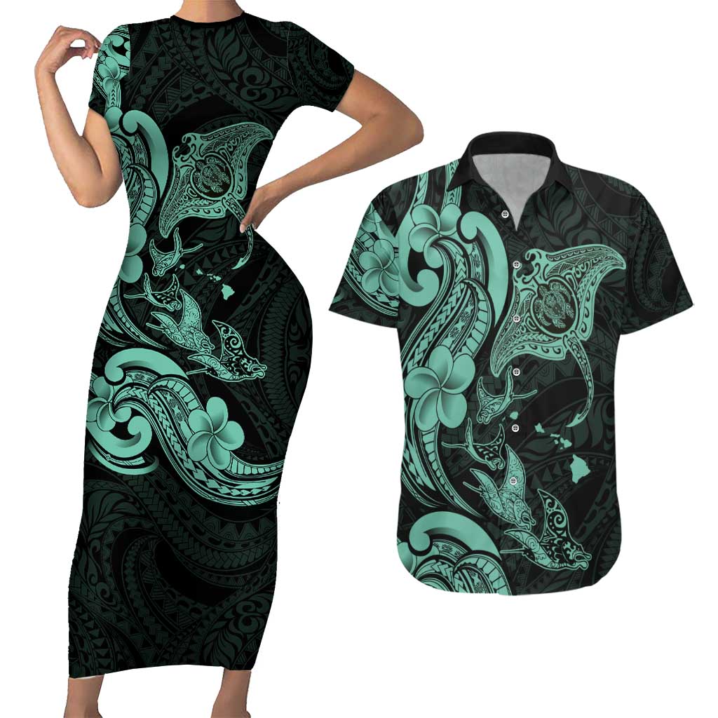 Hawaiian Manta Rays Couples Matching Short Sleeve Bodycon Dress and Hawaiian Shirt Tribal Hibiscus Polynesian Tattoos Turquoise Color - Polynesian Pride