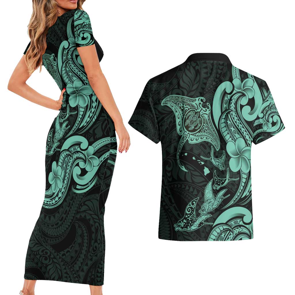 Hawaiian Manta Rays Couples Matching Short Sleeve Bodycon Dress and Hawaiian Shirt Tribal Hibiscus Polynesian Tattoos Turquoise Color - Polynesian Pride
