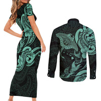 Hawaiian Manta Rays Couples Matching Short Sleeve Bodycon Dress and Long Sleeve Button Shirt Tribal Hibiscus Polynesian Tattoos Turquoise Color - Polynesian Pride