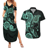 Hawaiian Manta Rays Couples Matching Summer Maxi Dress and Hawaiian Shirt Tribal Hibiscus Polynesian Tattoos Turquoise Color - Polynesian Pride