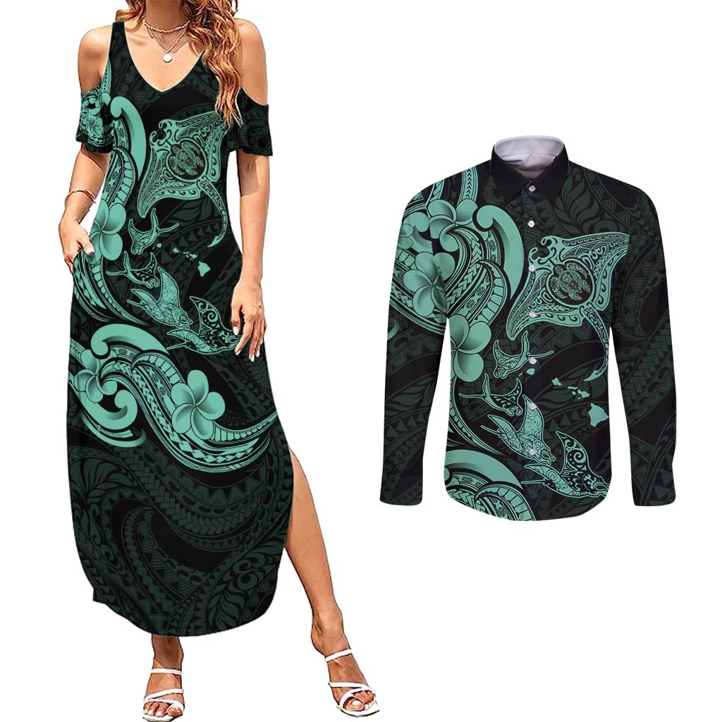 Hawaiian Manta Rays Couples Matching Summer Maxi Dress and Long Sleeve Button Shirt Tribal Hibiscus Polynesian Tattoos Turquoise Color - Polynesian Pride